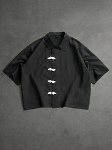 SLATEMANN Men's Striped Short Sleeve Button-Down Casual Shirt - Black - View 1