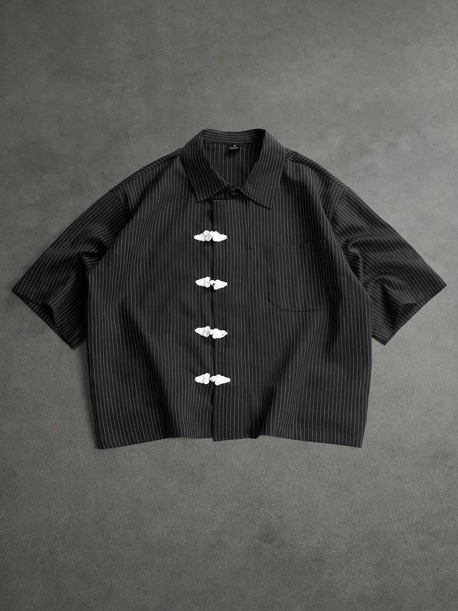 SLATEMANN Men's Striped Short Sleeve Button-Down Casual Shirt - Black - View 1