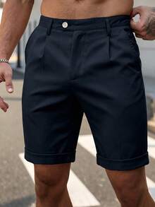 Manfinity Homme Pantalones cortos casuales de talla grande para hombres, de unicolor, con bolsillos plisados y en diagonal - Azul Marino - Ver 4