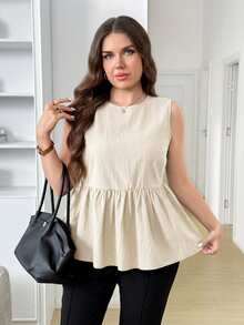 SHEIN LUNE 大尺碼女款純色圓領百褶休閒百搭日常穿著襯衫 - 米色 - 查看 4