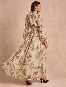 Enchnt Premium Pre-Fall Romantic Women's Elegant Apricot Stylish Silhouette Print Long Dress,Festival Outfits,Casual Dress,Work Outfits,Office Wear - Coffee - View 7