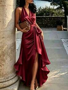 SHEIN Neues Frühling/Sommer französischer Stil Aprikose hoher Schlitz voller Rock langes Kleid, Satin glänzend Damen langes Kleid, Sommer langes Neckholder Schleife Kleid, Damen Sommer Outfit, elegantes ärmelloses Neckholder tailliertes schlankmachendes langes Kleid - Bordeaux - Übersicht 3