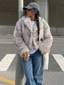SHEIN EZwear 蓬鬆領短版夾克 秋冬日常外出夜生活 淺灰色休閒款 - 淺灰色 - 查看 5