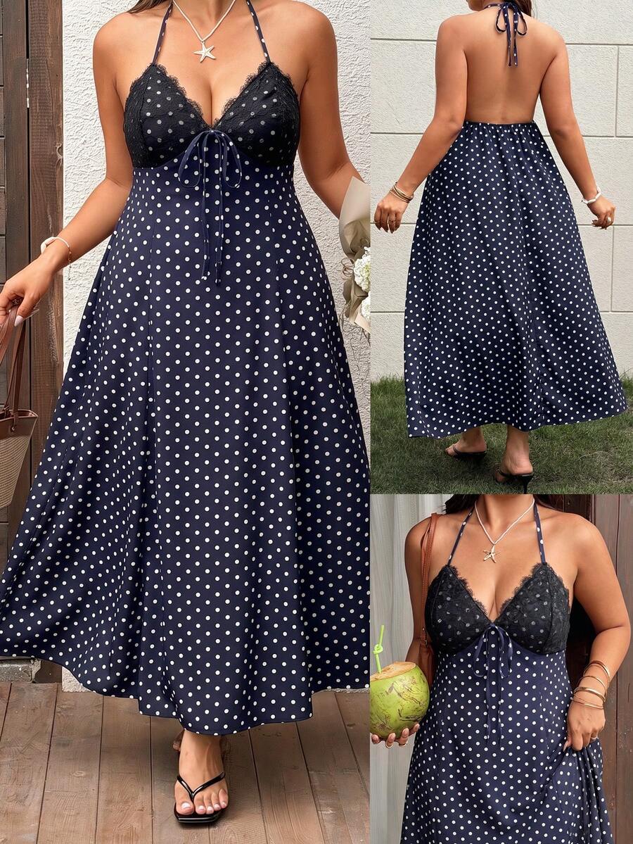 Sunnyshic Robe longue bleu marine à pois avec patchwork de dentelle, col en V, dos nu, nouée dans le dos, coupe trapèze, pour femmes, été, élégante, bohème, douce, mignonne, vacances, plage - Bleu marine - Voir 1