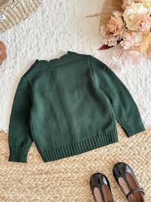 SHEIN Baby Girl Knitted Solid Color Embroidered Pattern Round Neck Casual Cardigan - Green - View 2