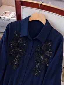 GlowEve CURVE 大尺碼優雅正式亮片刺繡水鑽燈籠袖襯衫 辦公室晚宴穿搭 海軍藍 秋季 - 藏蓝色 - 查看 7