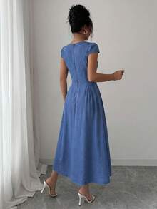 Elenzga Women's Summer Casual Square Neck Denim Dress - Blue - View 3