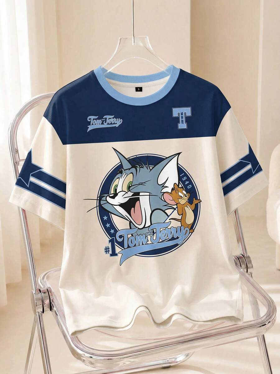 TOM & JERRY X SHEIN Women's Casual Colorblock Cartoon Print T-Shirt, Summer - White - View 1