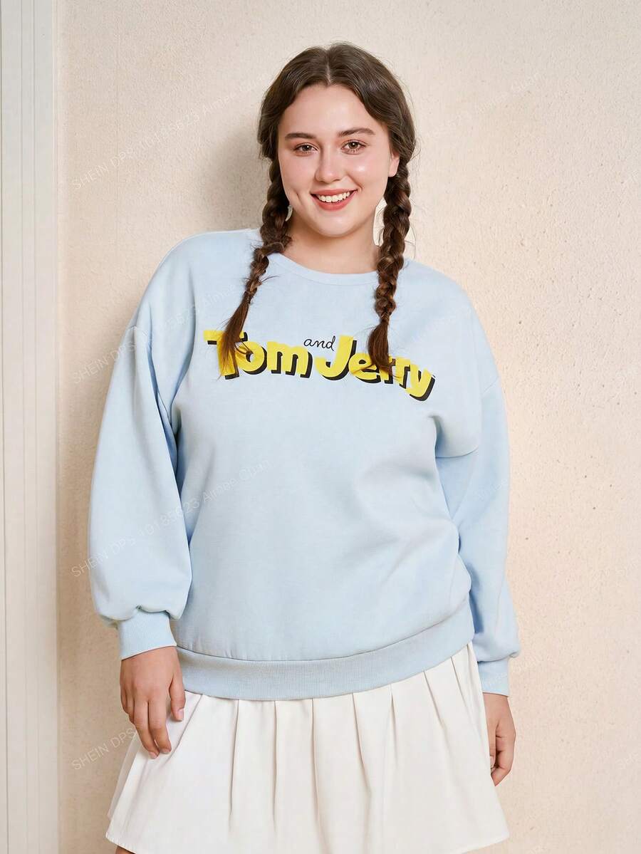 TOM & JERRY X SHEIN Plus Cartoon & Letter Graphic Drop Shoulder Sweatshirt - Blue - View 1