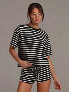 Athîral Women's Black And White Striped Colorblock Round Neck Short Sleeve Top And Drawstring Waist Shorts 2-Piece Set Lounge Summer Casual - Black - View 4