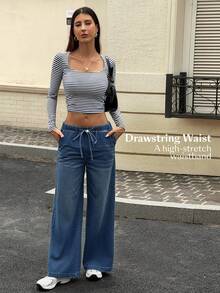 SHEIN Essnce Summer Casual Tummy Control Compression Fit High Waist Drawstring Wide Leg Flattering Daily Wear Comfortable Jeans For Women Everyday Night Out Blue - Dusty Blue - View 6