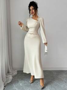 Elenzga Women's Elegant Solid Color Metal Decor Asymmetric Collar Long Sleeve Slim Fit Ruched Waist Dress, Elegant Fashion Autumn Office Commute Casual Charming Vintage Dress - Apricot - View 4