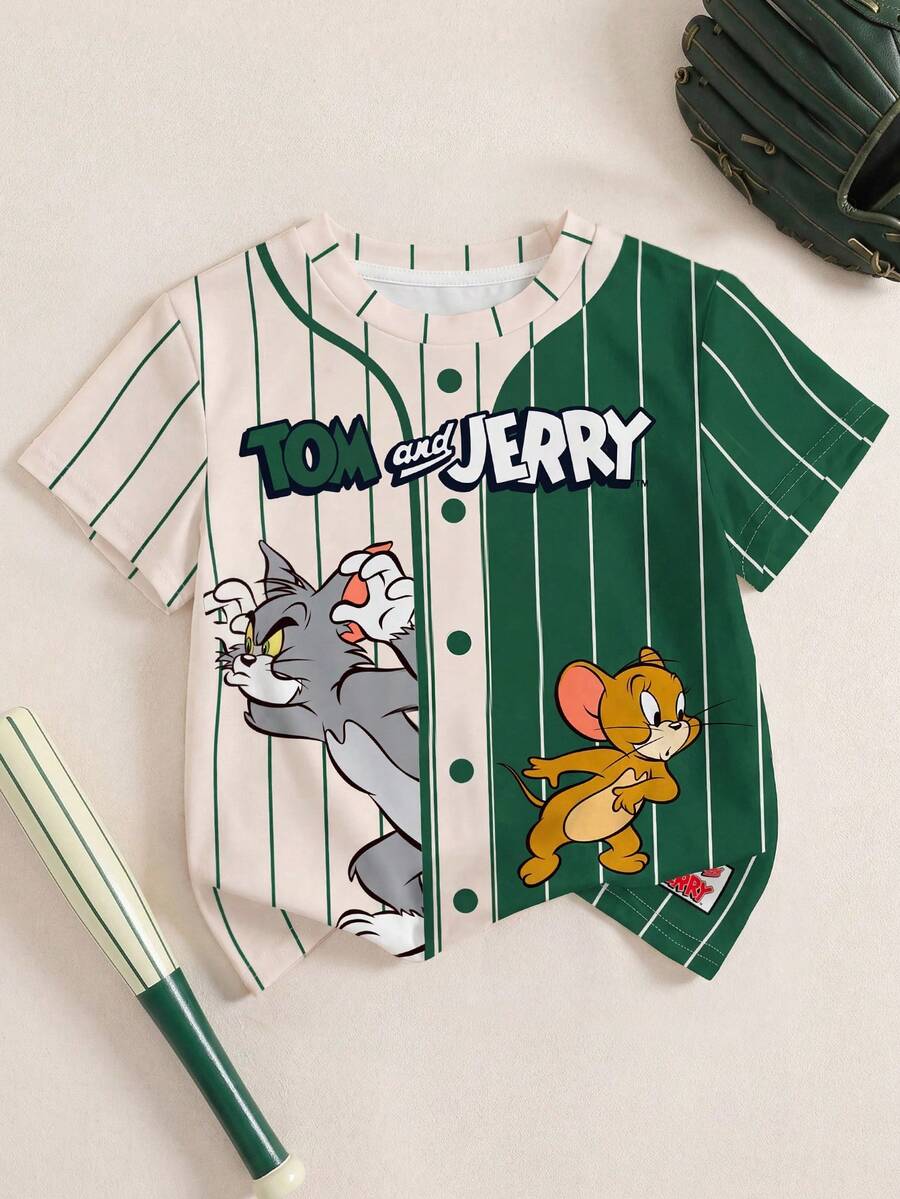 TOM & JERRY X SHEIN 男童休闲撞色条纹卡通图案短袖T恤,夏季 - 白色 - 查看 1