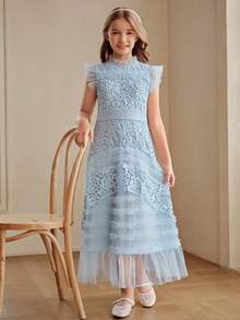 Anewsta Girls' Spring/Summer New Light Blue Lace A-Line Dress, Short Sleeve Tween Girl' Dress - Blue - View 5