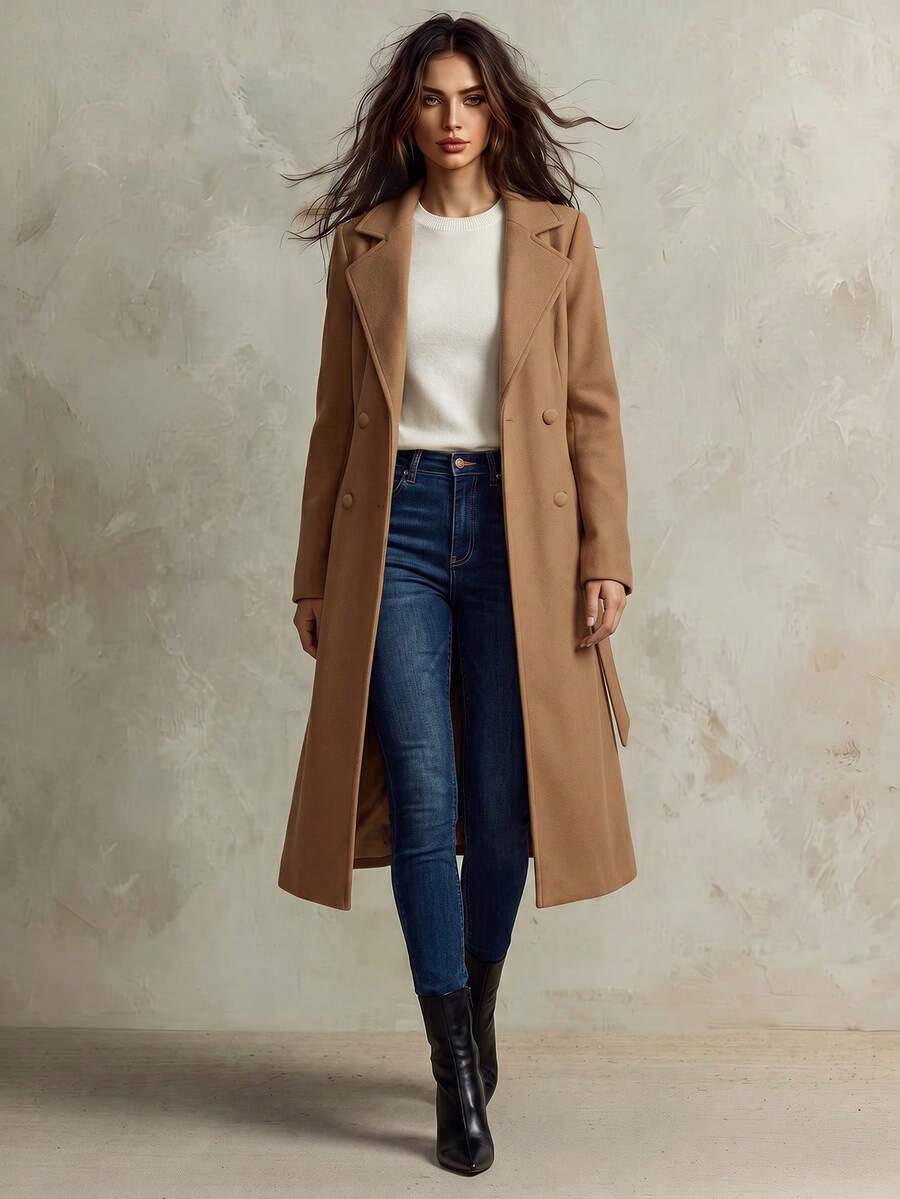 Franclia Women's Solid Color Faux Suede Double-Breasted Side Pocket Regular Jacket - Camel - View 1