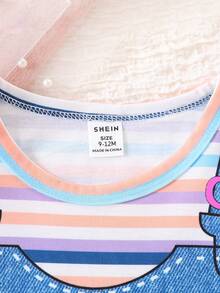 SHEIN Playful Pals 女宝宝夏季卡通独角兽印花条纹圆领短袖休闲二合一T恤连衣裙 - 紫色 - 查看 4