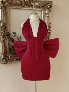 Lovelzi Red Satin Halter Neck Mini Dress Bodycon Backless Detachable Big Bow Ruched Cocktail Theme Party Prom Homecoming Women Formal Wedding Winter Celestial - Burgundy - View 2