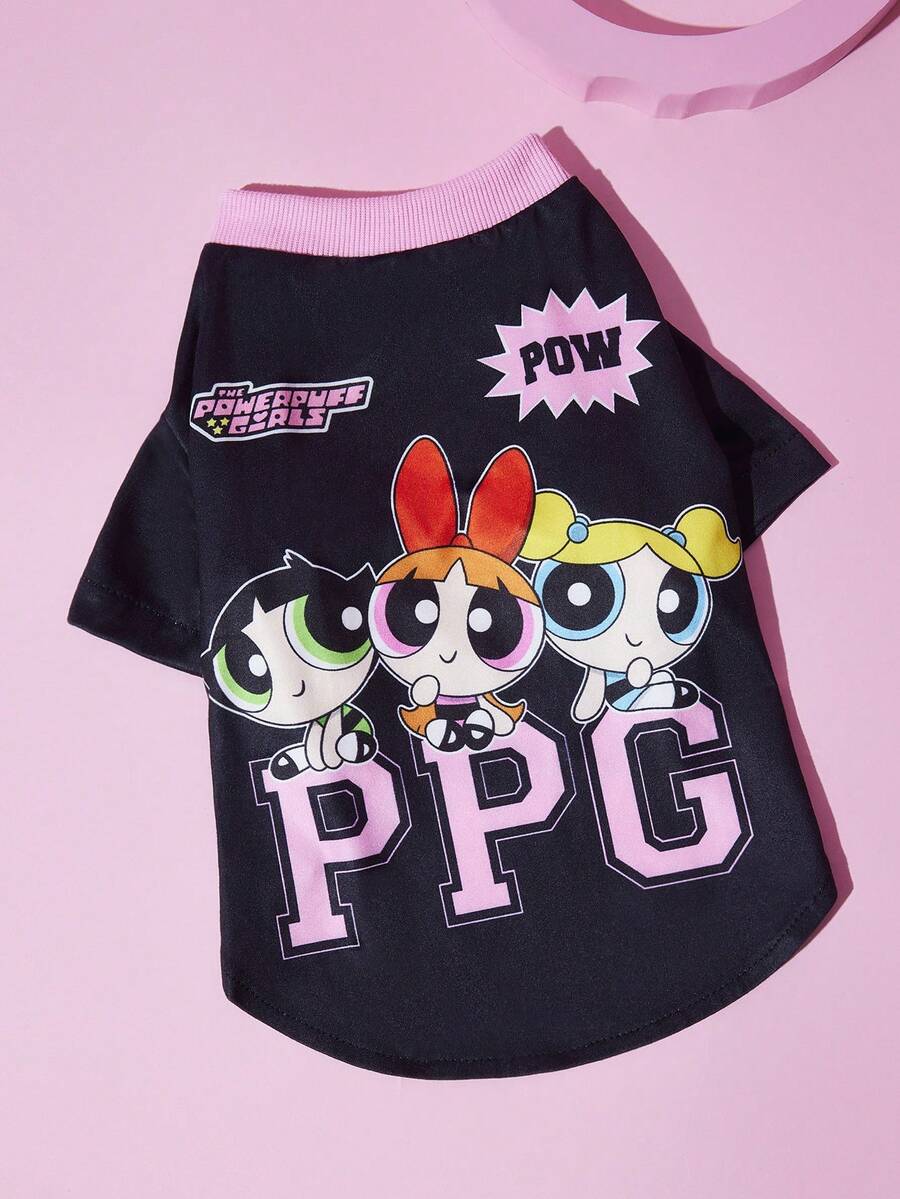 THE POWERPUFF GIRLS X SHEIN 可愛卡通女孩印花運動風寵物短袖T恤,透氣四季適用面料,XXS-XXXXXL 尺寸,適合狗狗與貓咪,寬鬆版型,適合散步、拍照與日常室內穿著 - 黑色 - 查看 1