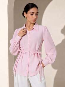 Graceveil Women's Pink Waist Tie Spring/Summer Fashion Versatile Commuter Style Blouse - Pink - View 6