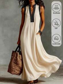 SHEIN Holidaya Women's New Spring/Summer Apricot Floral Print Bohemian Style Sleeveless V-Neck Commuter Casual Daily Vacation Holiday Party Beach Work Office Dress - Apricot - View 1