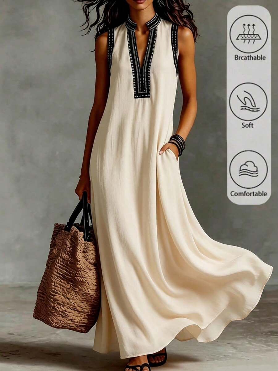 SHEIN Holidaya Women's New Spring/Summer Apricot Floral Print Bohemian Style Sleeveless V-Neck Commuter Casual Daily Vacation Holiday Party Beach Work Office Dress - Apricot - View 1