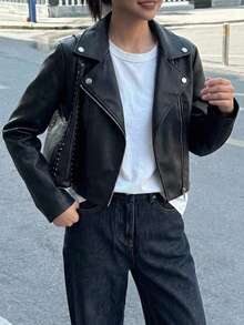 SHEIN 兒童青少年女孩秋冬純色PU長袖前開襟夾克休閒街頭風翻領PU拉鍊前短夾克，黑色秋冬 - 黑色 - 查看 4