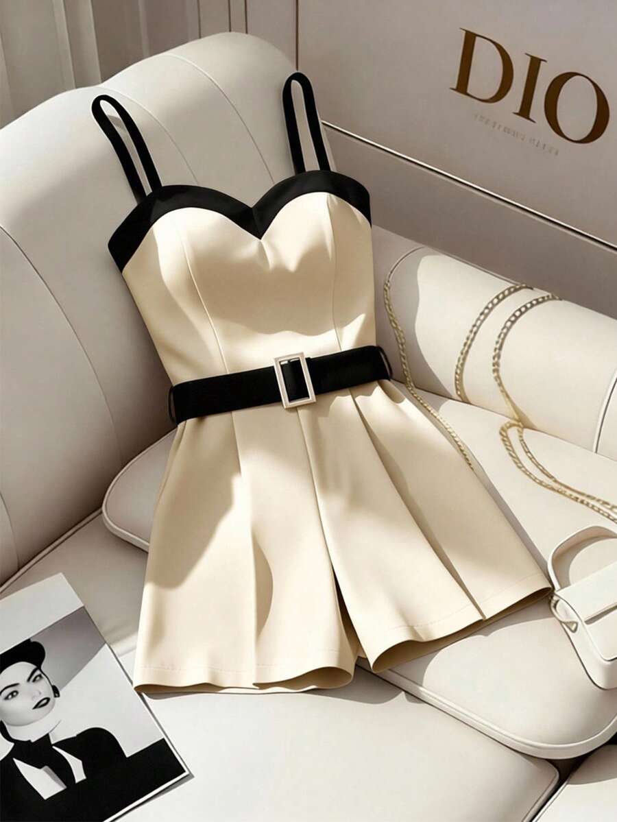 SHEIN Franclia 女款夏季法式優雅簡約通勤早午餐細肩帶收腰束腰黑白對比色短版連身褲