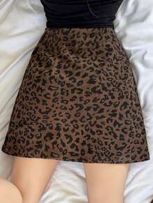 Dazy Tall Women's Leopard Print Short Corduroy Skirt Fall - Brown - View 3