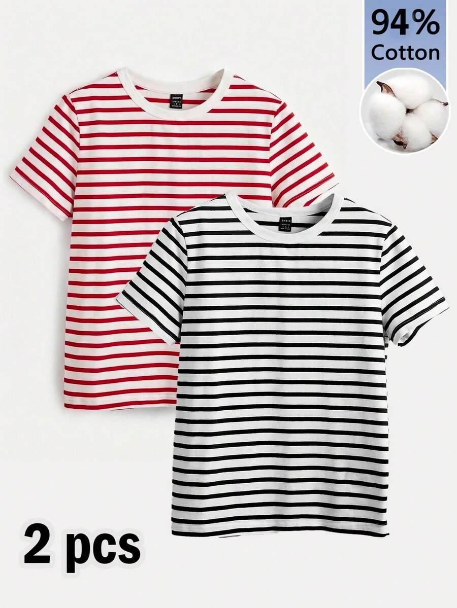 SHEIN BASICS Women's Striped Colorblock Casual Daily Summer T-Shirts 2pcs/Set - Multicolor - View 1