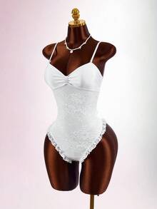 Amplova Women's One-Piece Bandeau Swimsuit With Lace, Sexy And Avant-Garde, Suitable For Vacation Wear, Tie-Front, Bow Back, Ruffled Hem, Night White Summer - White - View 5