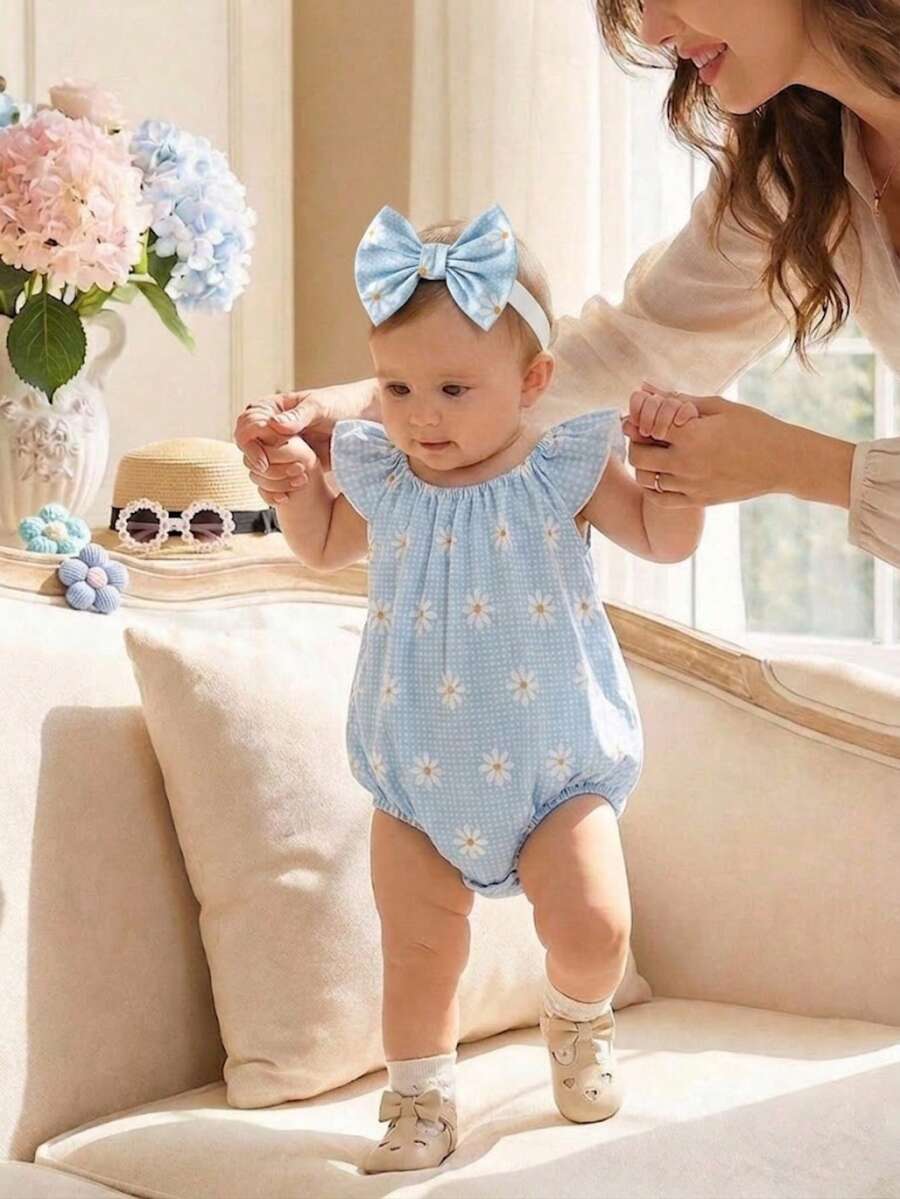 SHEIN Vintaside Kids 新生兒甜美雛菊荷葉袖連身褲與髮帶夏季款 - 淺藍色 - 查看 1