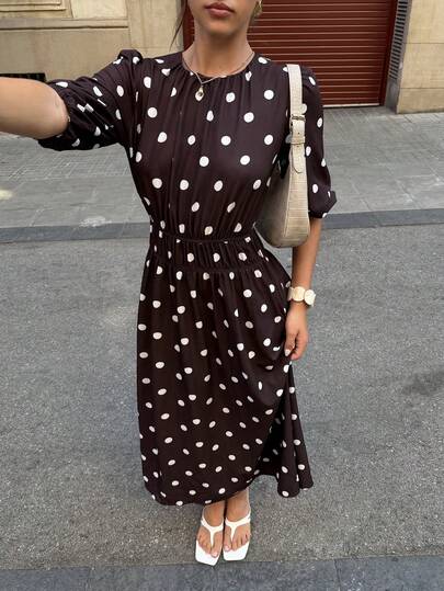 Siren Gaze Nieuwe zomerse bruine jurk met stippen en getailleerde taille voor dames