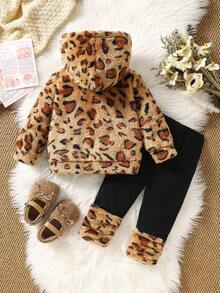 SHEIN Playful Pals 2pcs/Set Baby Girl Autumn/Winter Brown Yellow Leopard Print Black Sweet Cool Style Leopard Print Plush Bow Hooded Long Sleeve Top With Side Bow Long Pants And Matching Plush Footies Set, Loose Comfortable Fit, Suitable For Daily Outings, Holiday Parties, Outdoor Play, Family Gatherings, Photo Shoots - Multicolor - View 2