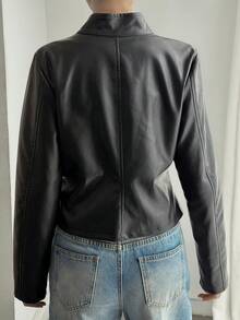 DAZY Solid Color Fitted Stand Collar Zipper Long Sleeve PU Jacket Casual Streetwear Spring Autumn Jacket For Women School Vacation - Black - View 8
