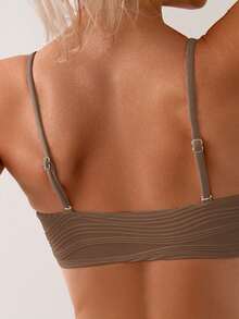 SHEIN Swim Conjunto de bikini con busto fruncido de unicolor simple para mujer, adecuado para la playa y vacaciones - Café integral - Ver 4