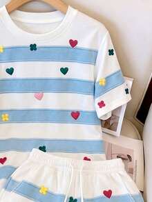 Resyla Women's T-Shirt And Shorts Set, Heart Stripe Print Pattern, Summer Outing Top, High-End Feel, Casual Cute Versatile, Daily Wear, Shopping Brunch - Multicolor - View 3