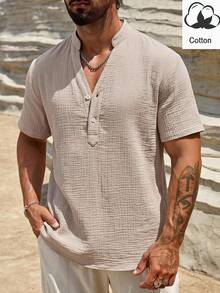 HIMLAND Camisa de hombre de corte holgado con media botonadura y color liso - Caqui - Ver 2