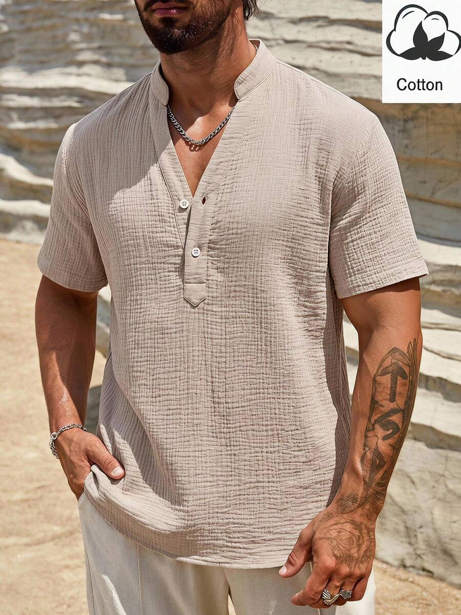 HIMLAND Loose Fit Men Solid Half Button Shirt - Khaki - View 1