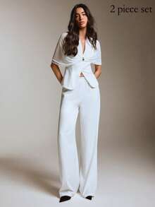 COSMINA Women's Mesh Patchwork Waist-Cinched Blazer & Wide Leg Pants Set - White - View 4