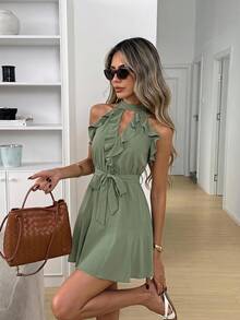 Easowa Halter Neck Frill Trim Tie Cinched Waist Hem A-Line Umbrella Skirt Sleeveless Elegant Summer Women Mini Dress Sage Green Garden Party Brunch Tea Party - Green - View 1
