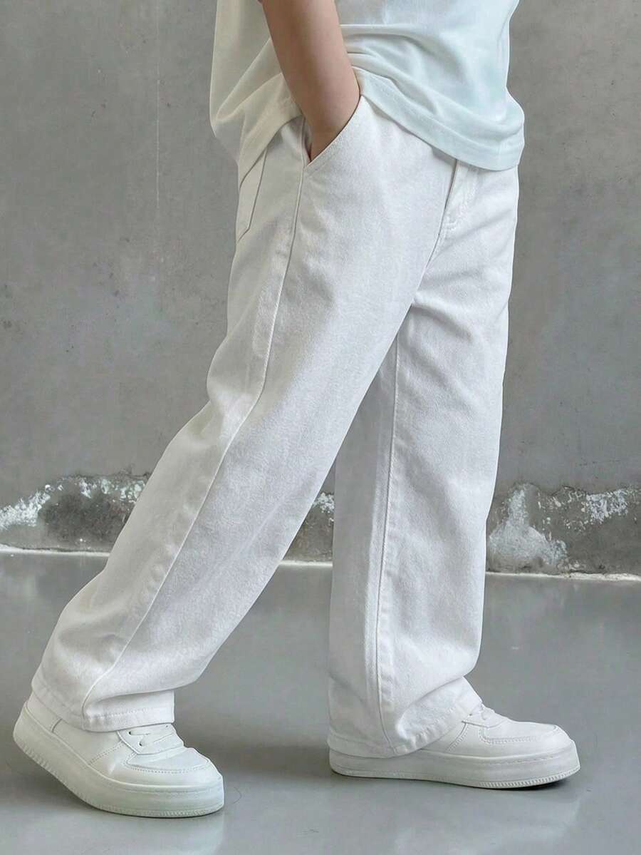 男孩藍色牛仔寬鬆直筒長褲 - 白色 - 查看 1