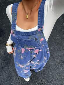 Dazy Plus Floral Pattern Vintage Washed Denim Overalls Plus Size Women Spring Summer Autumn Denim Jumpsuit School - Medium Wash - View 7