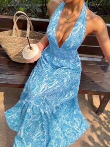 Sunnyshic Women's Pink Paisley Retro Pattern Deep V-Neck Hollow Out Ruched Design Sexy Backless Spring/Summer European & American Fashion Romantic Beach Vacation Long Dress - Sky Blue - View 3