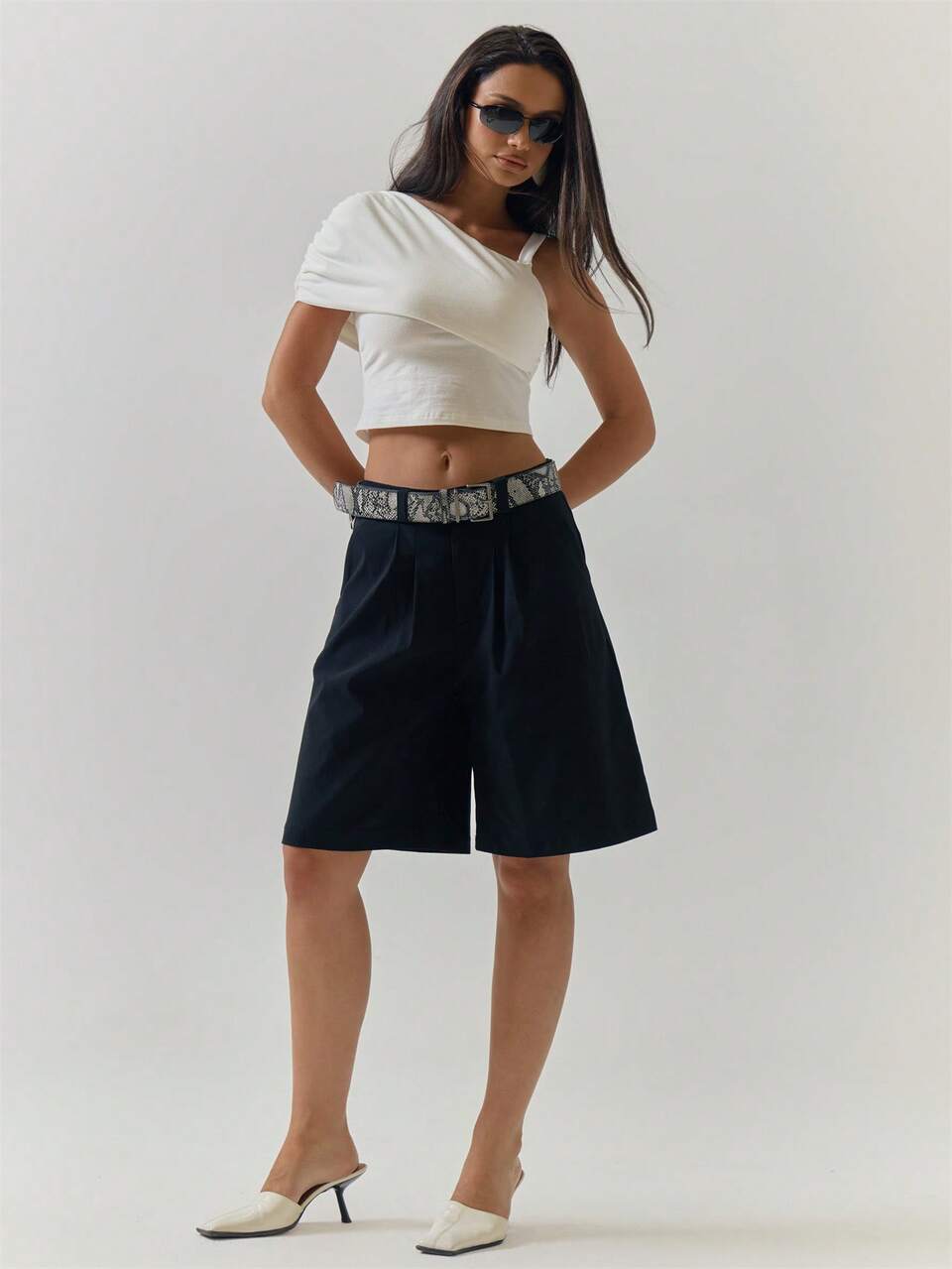 White Cotton Asymmetrical Shoulder Ruched Strap Cropped Top Casual For Women