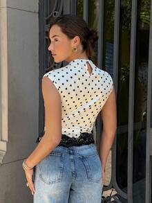 Siren Gaze Women's White With Black Polka Dots With Stand Collar Irregular Ruffle Lace Splice Elegant Romantic Casual Summer Office Brunch Tea Party Blouse Top - Multicolor - View 3