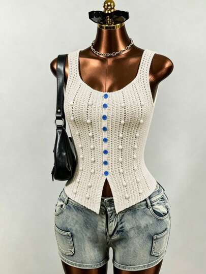 Mistrie Women's Apricot Hollow-Out Perforated 3D Textured Hand-Crocheted Knit Top With Blue Contrast Buttons, Round Neck, Fitted Waist, Casual Elegant Date, Sleeveless Tank Top For Spring, Summer, Autumn