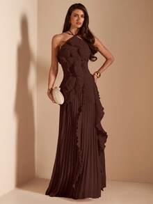 SHEIN BAE 女士粉色露背褶皱高开衩连衣裙，适合婚礼宾客、情人节、春夏穿着 - 咖啡棕 - 查看 4