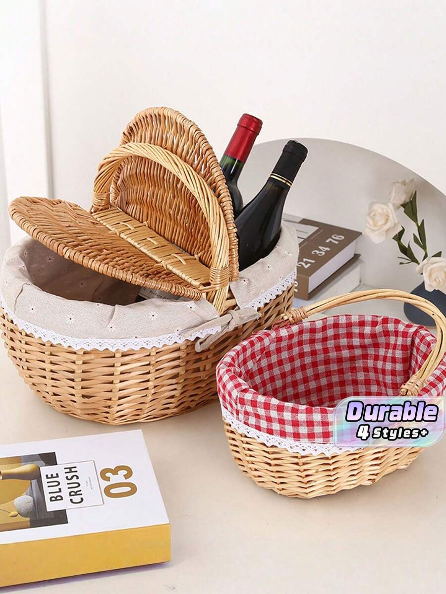 1pc Handwoven Wicker Picnic Basket – Double Lid Storage Hamper With Handle, Natural Willow Fruit Basket For Camping, Shopping, Wedding Decor, Farmhouse Storage - multicolor - View 1