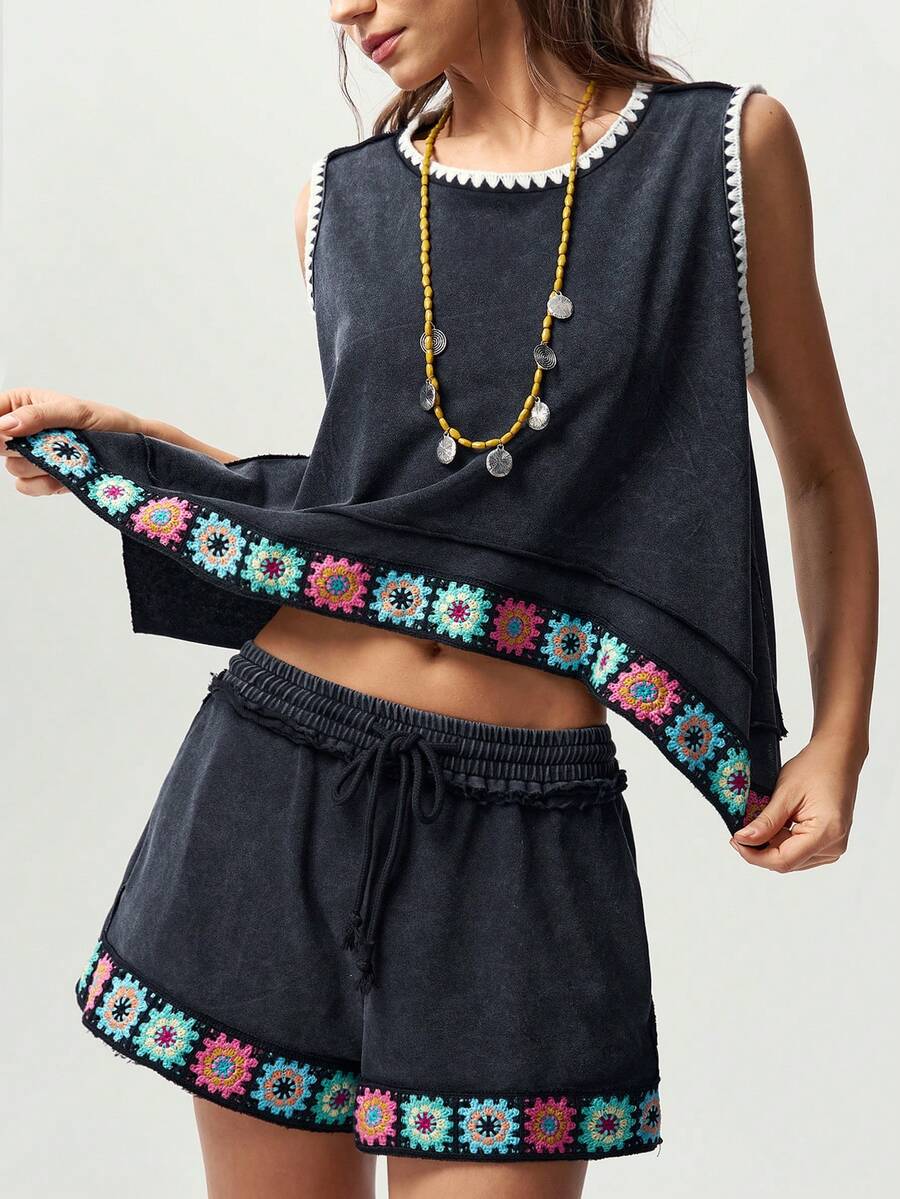 Bohemela Casual Boho Solid Color Knit Loose Washed Tank Top Shorts Women 2 Pieces Set Vacation Dark Grey Summer