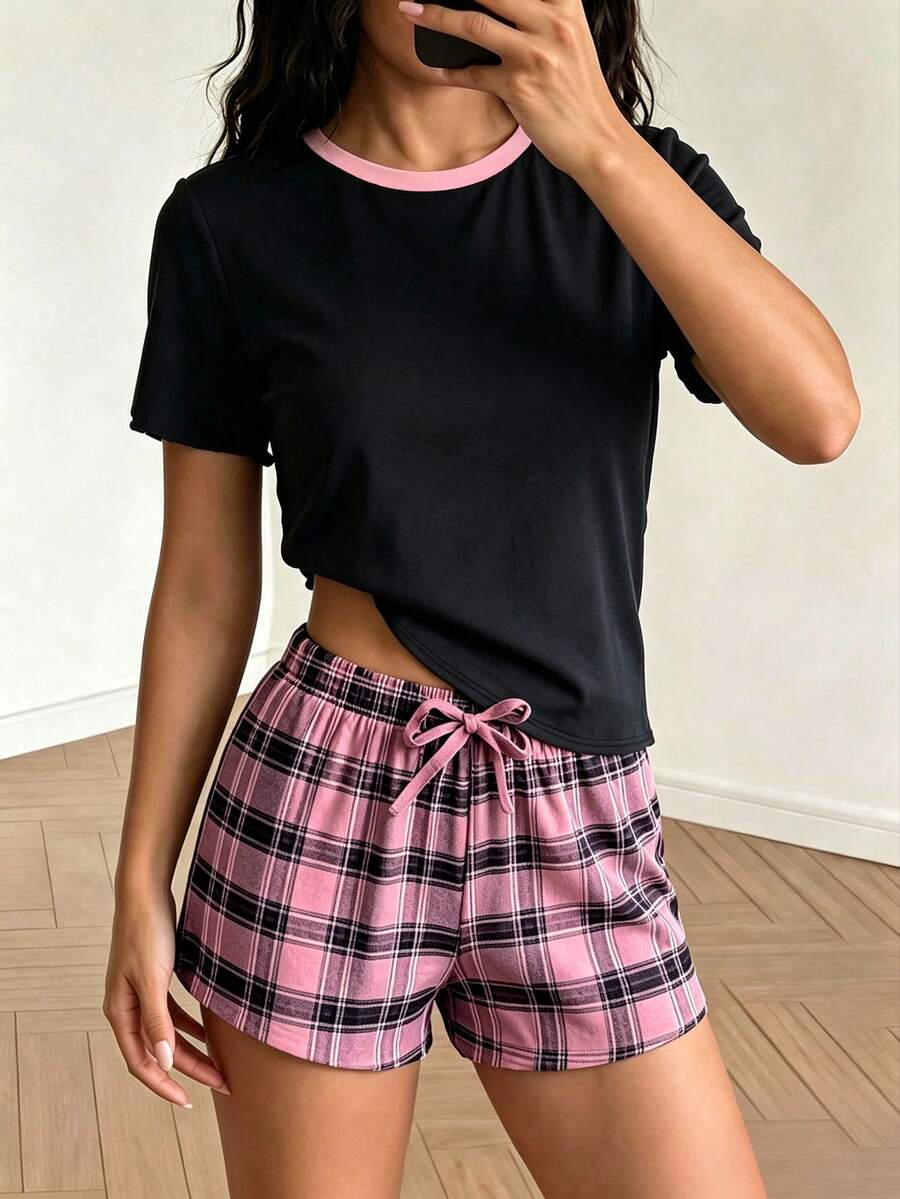 青少年女孩休閒寬鬆極簡風圓領短袖短褲家居服,適合春夏穿著 - 彩色 - 查看 1